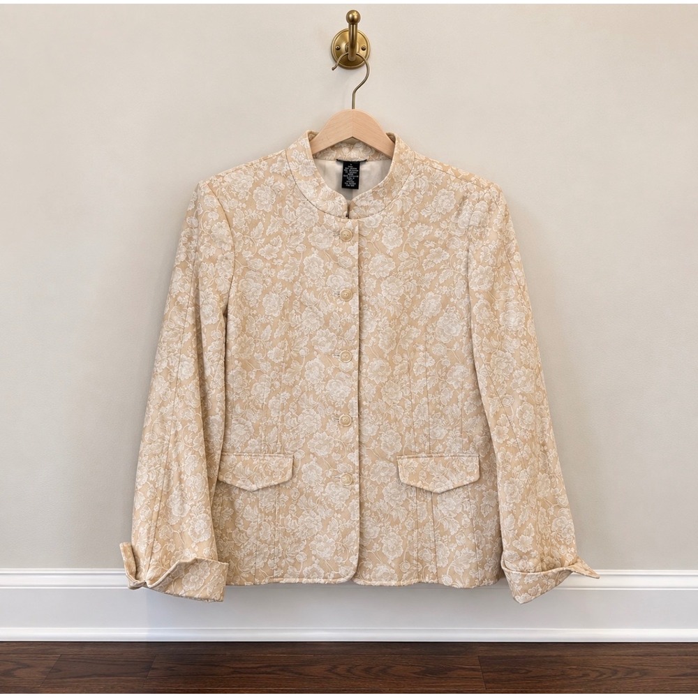 Vintage Floral Jacquard Brocade,Beige Gold Cream Rose Blazer, Cottagecore Large